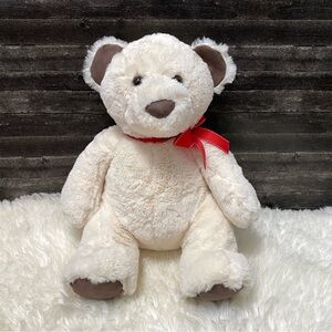 AURORA WORLD WHITE TEDDY BEAR BROWN NOSE RED BOW SITTING STUFFED ANIMAL PLUSH